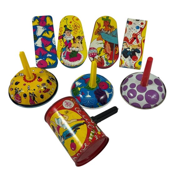 Lot of 8 Tin Litho New Years Party Toy Noisemakers US Metal Mfg Co Vintage 1950s - Picture 1 of 11